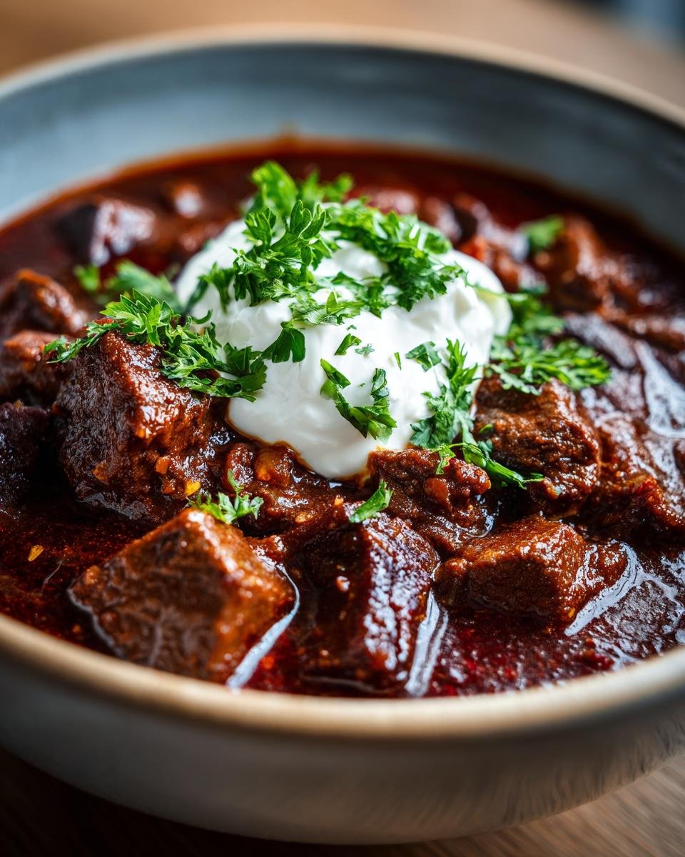 Nahaufnahme von Lebkuchengulasch, einem deftigen Eintopf mit Fleischstücken, garniert mit einem Klecks Sahne und Petersilie.