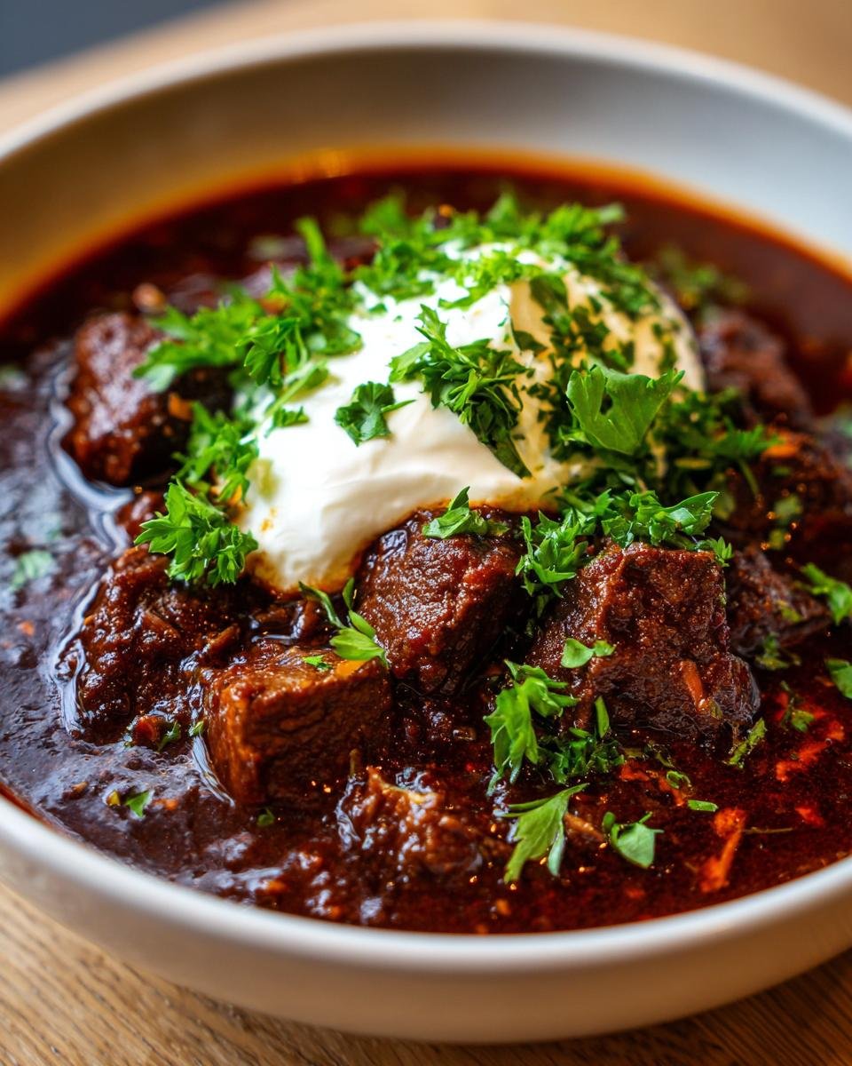 Eine Schüssel Lebkuchengulasch, garniert mit einem Klecks Sahne und frischer Petersilie, als Festtagsgericht.