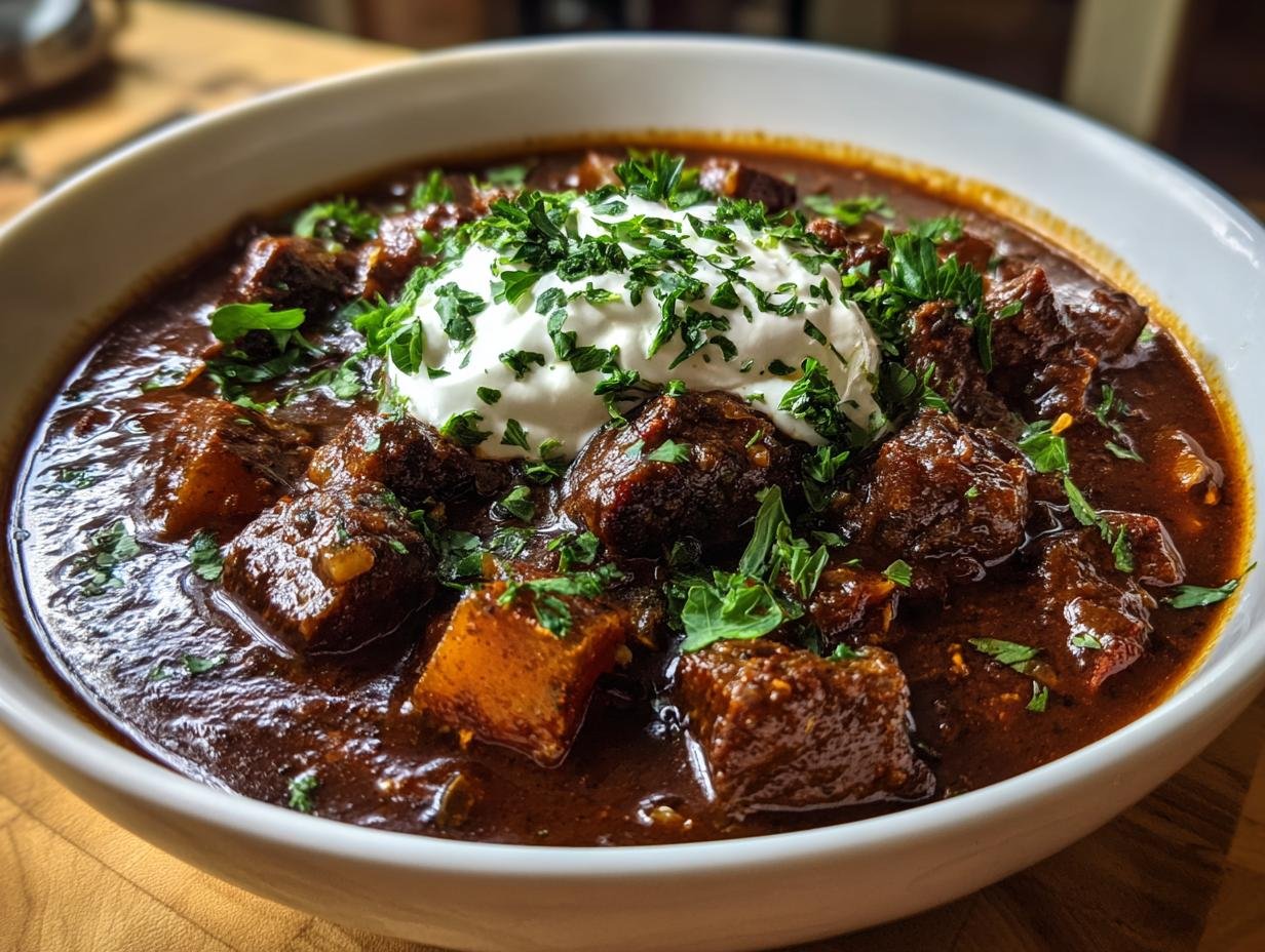 Close-up of a bowl of rich Lebkuchengulasch, a German festive dish, topped with sour cream and parsley.