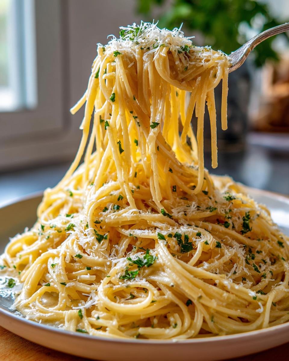 Eine Gabel hebt Spaghetti mit viel Parmesan und Petersilie von einem Teller ab.