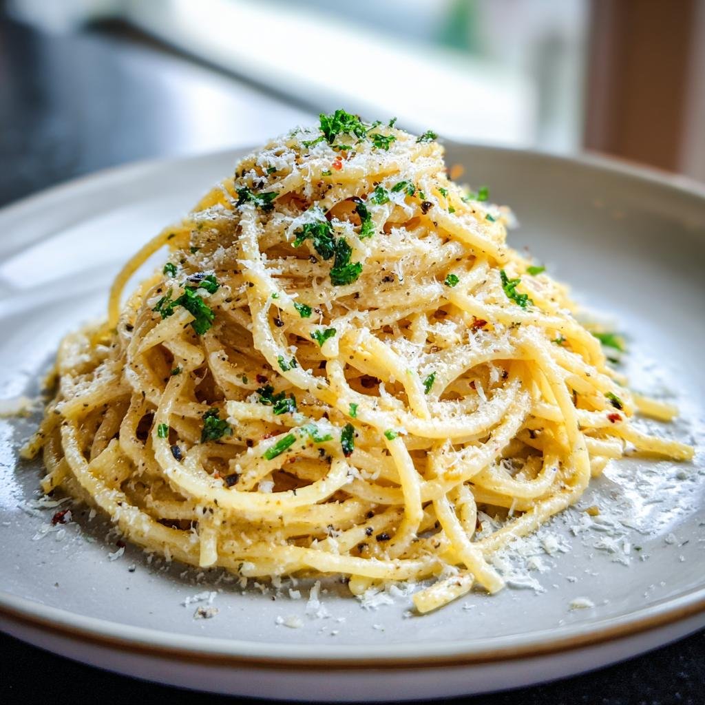 Ein Teller Spaghetti mit 100 g Parmesan, garniert mit frischer Petersilie und schwarzem Pfeffer.