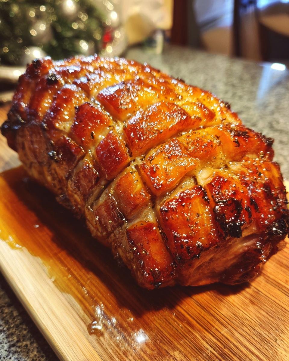 Ein leckerer Orangenglasierter Schweinebraten mit knuspriger Kruste auf einem Holzbrett.