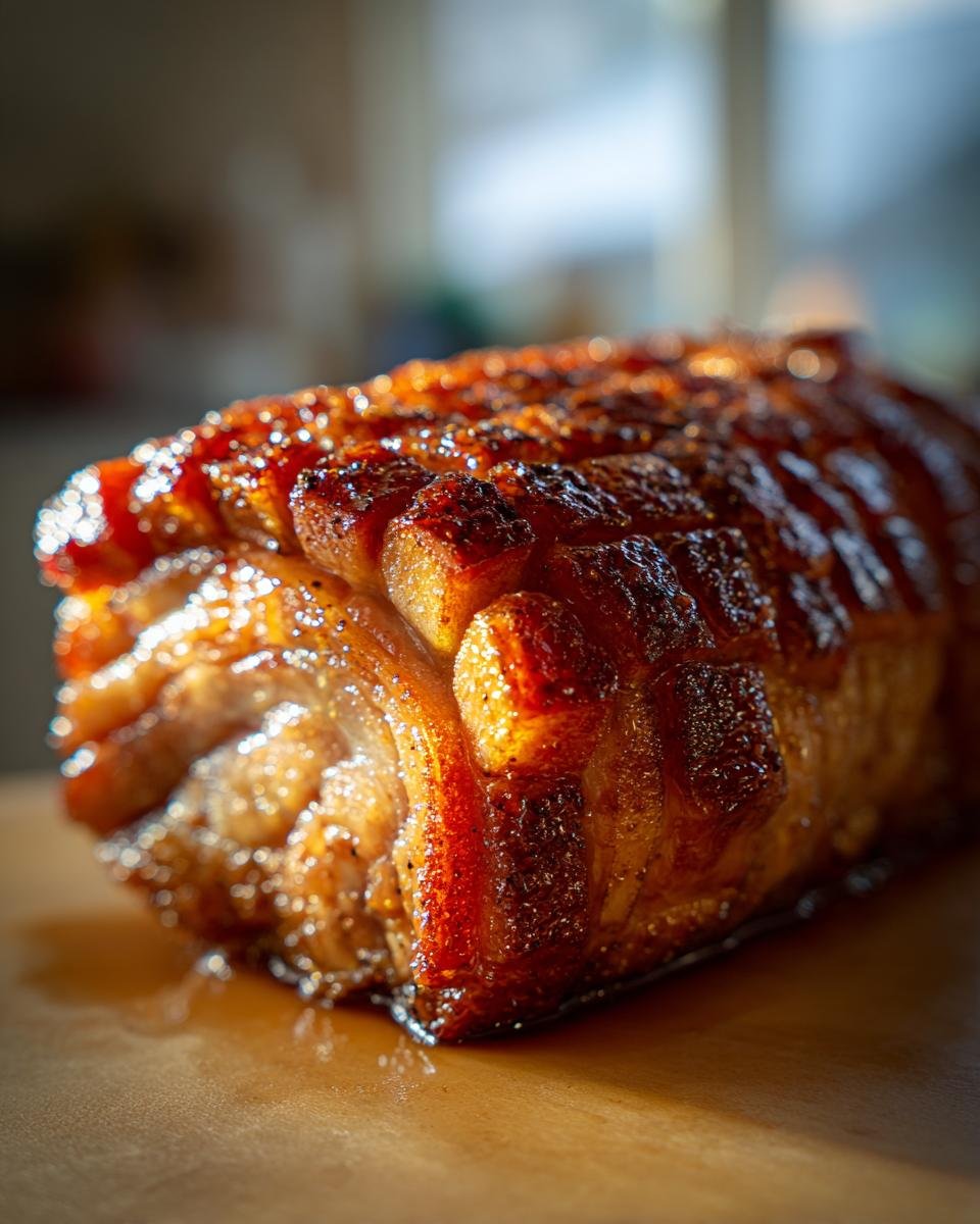 Leckerer Orangenglasierter Schweinebraten mit knuspriger Schwarte, perfekt für besondere Anlässe.