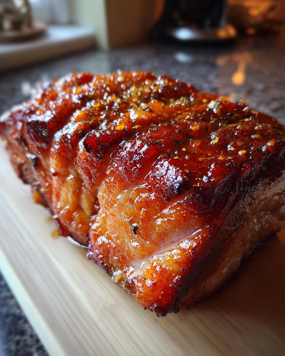 Nahaufnahme eines saftigen, orangenglasierten Schweinebratens mit knuspriger Kruste, perfekt für besondere Anlässe.