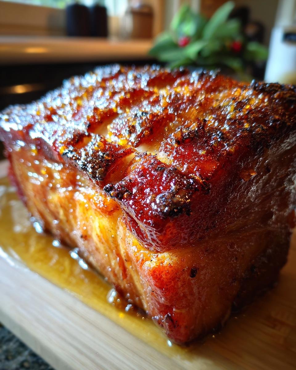 Close-up of a juicy Leckerer Orangenglasierter Schweinebraten with a crispy, glazed rind.