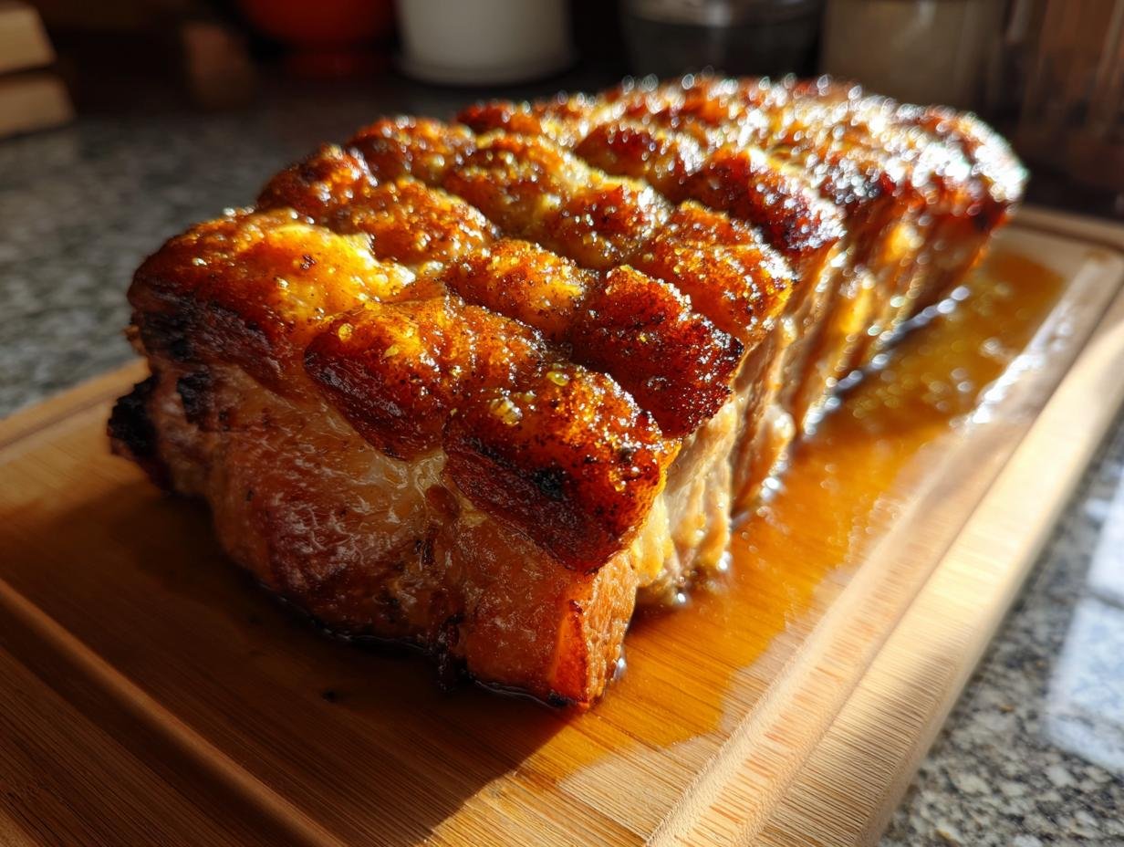 Ein saftiger Leckerer Orangenglasierter Schweinebraten mit knuspriger Kruste auf einem Holzbrett.