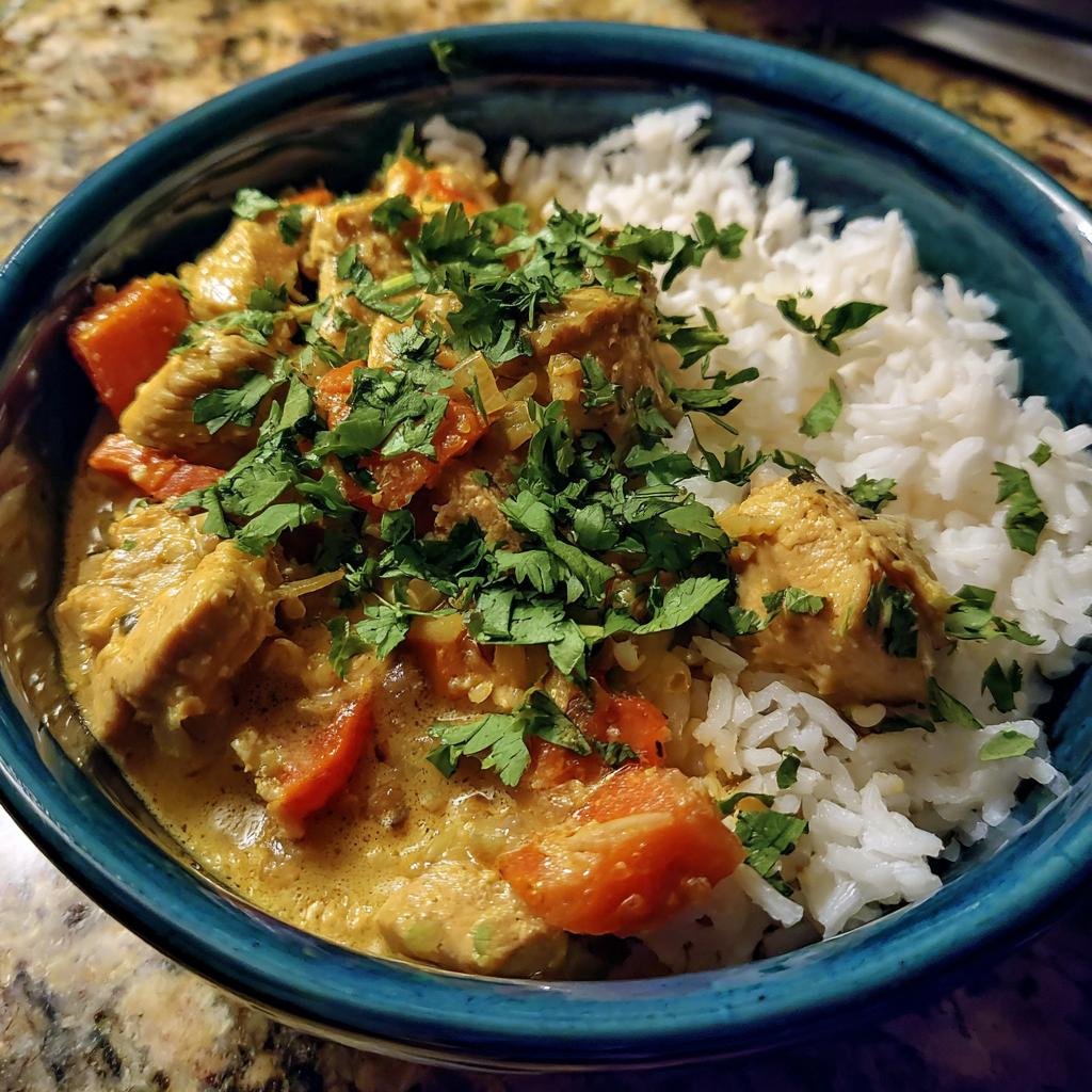 Leicht verdauliches Hühner-Curry mit saftigen Hühnerstücken, Karotten und Reis, garniert mit frischer Petersilie.