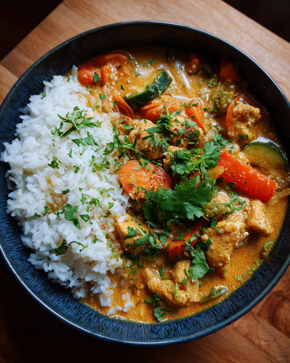 Leicht verdauliches Hühner-Curry mit Karotten, Zucchini und Reis, garniert mit frischer Petersilie.