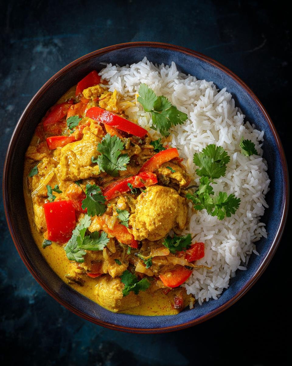 Leicht verdauliches Hühner-Curry mit roten Paprikastücken und frischem Koriander, serviert mit Reis.