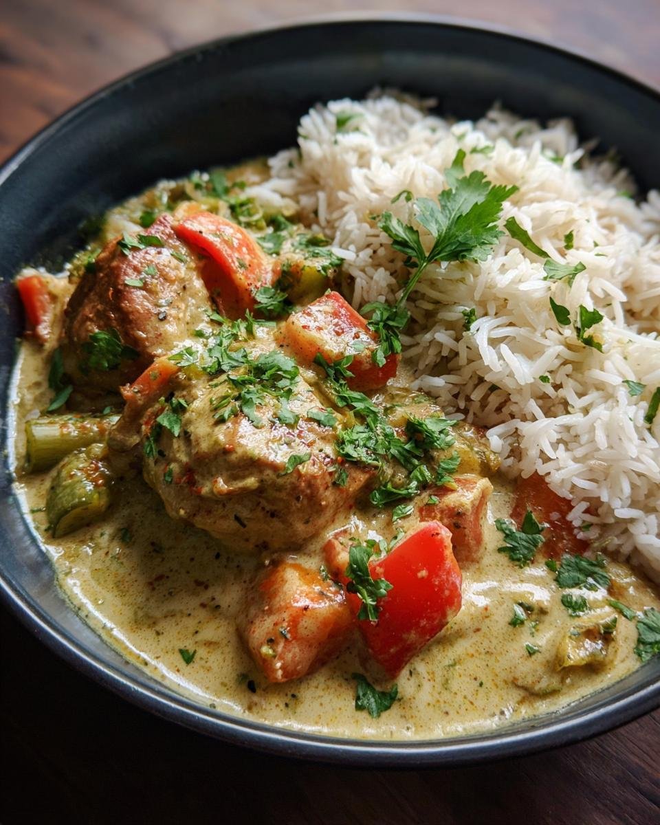 Nahaufnahme von Leicht verdauliches Hühner-Curry mit cremiger Soße, Gemüse und Reis, garniert mit Petersilie.
