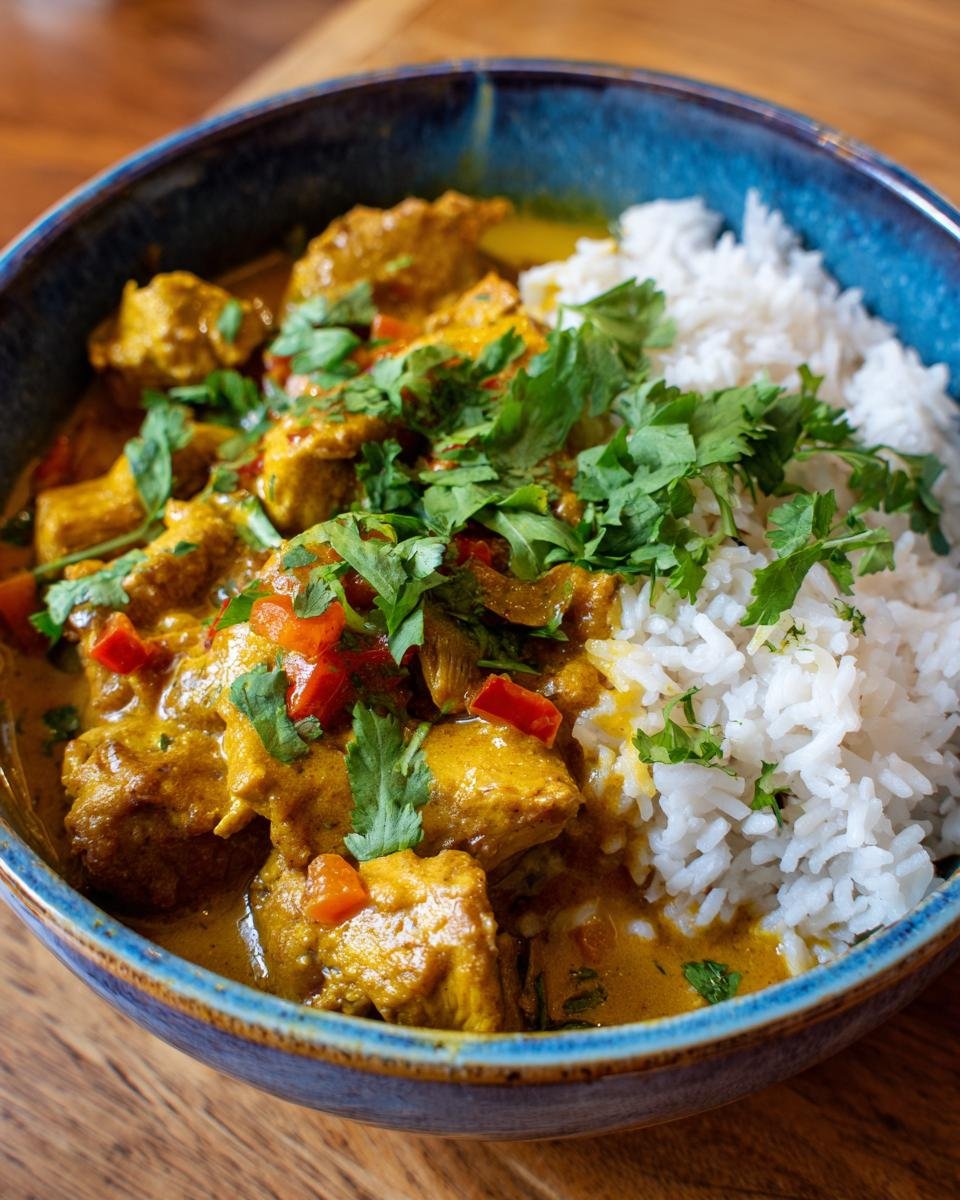 Leicht verdauliches Hühner-Curry in einer blauen Schüssel mit Reis und frischer Petersilie garniert.