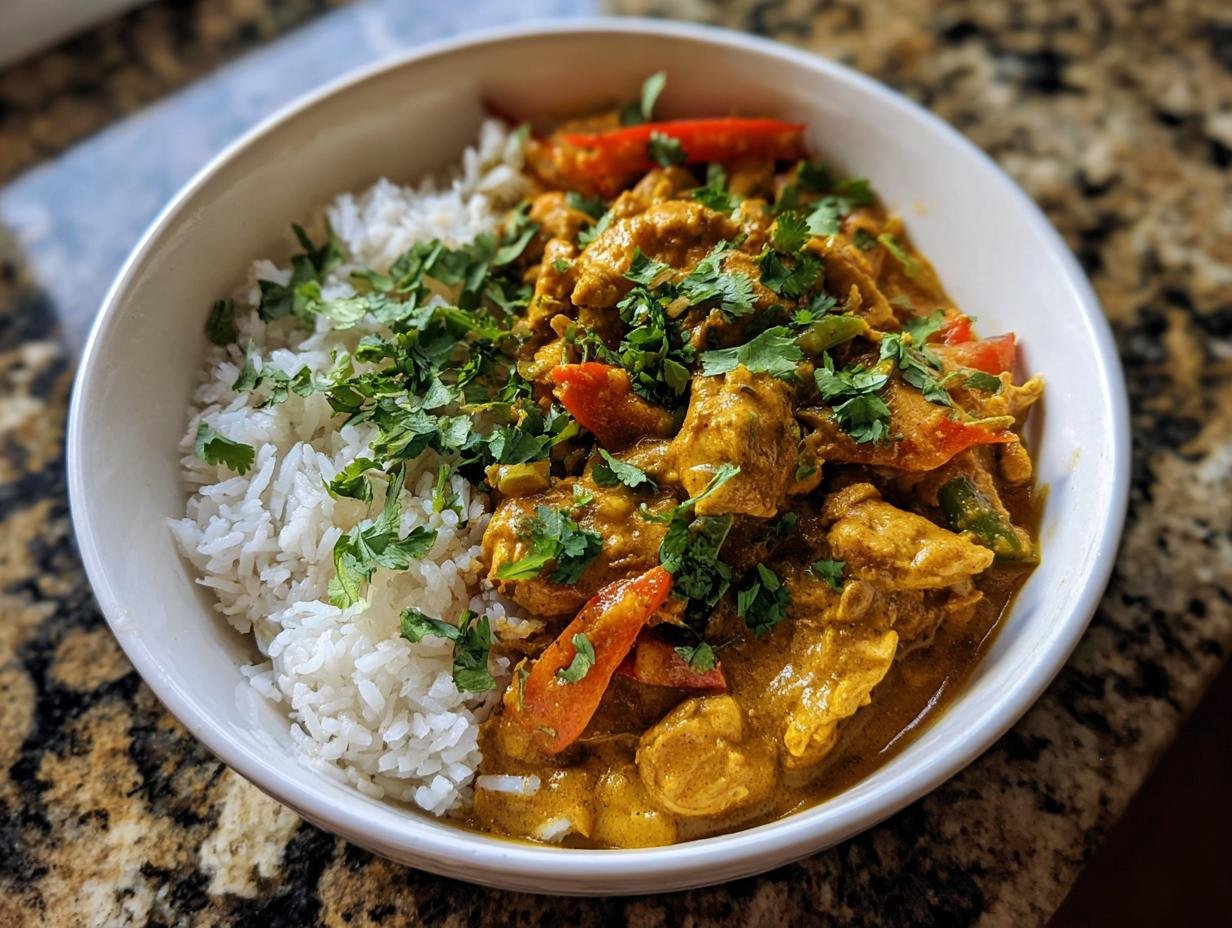 Eine Schüssel mit leicht verdaulichem Hühner-Curry, serviert mit weißem Reis und garniert mit frischer Petersilie.