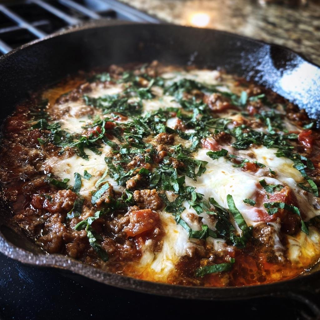 A bubbling low carb pizzasuppe with ground meat, melted cheese, and fresh herbs in a cast iron skillet.