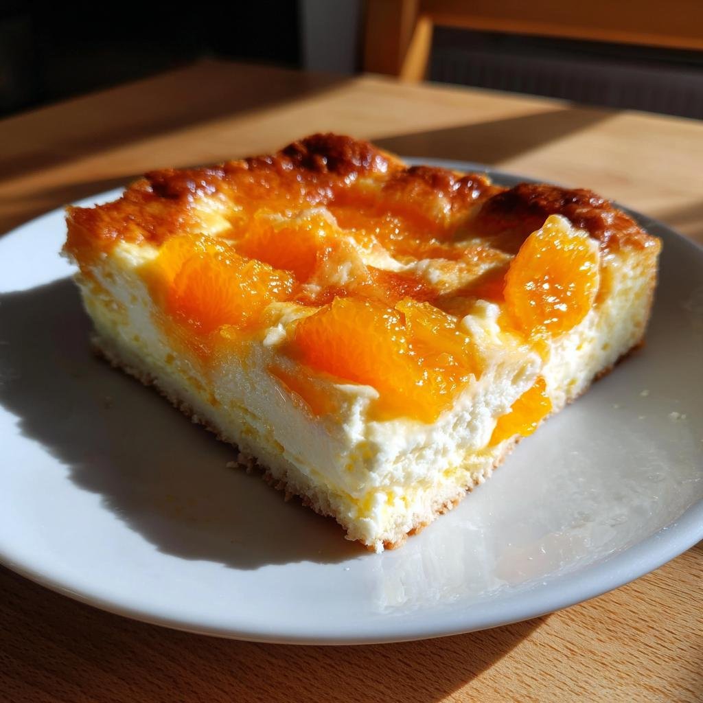 A slice of creamy cake topped with bright mandarin orange segments and a golden-brown crust.