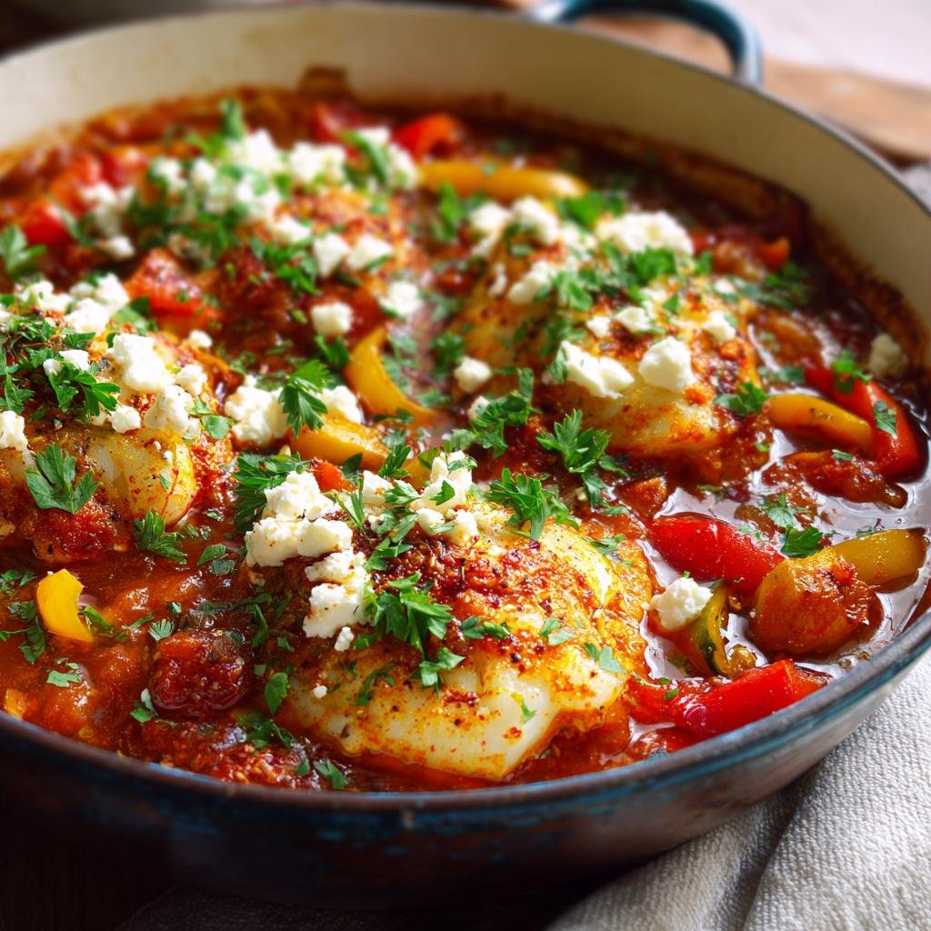 Mediterraner Fischauflauf mit Kabeljau, Paprika und Zucchini, garniert mit zerbröseltem Feta und Petersilie.