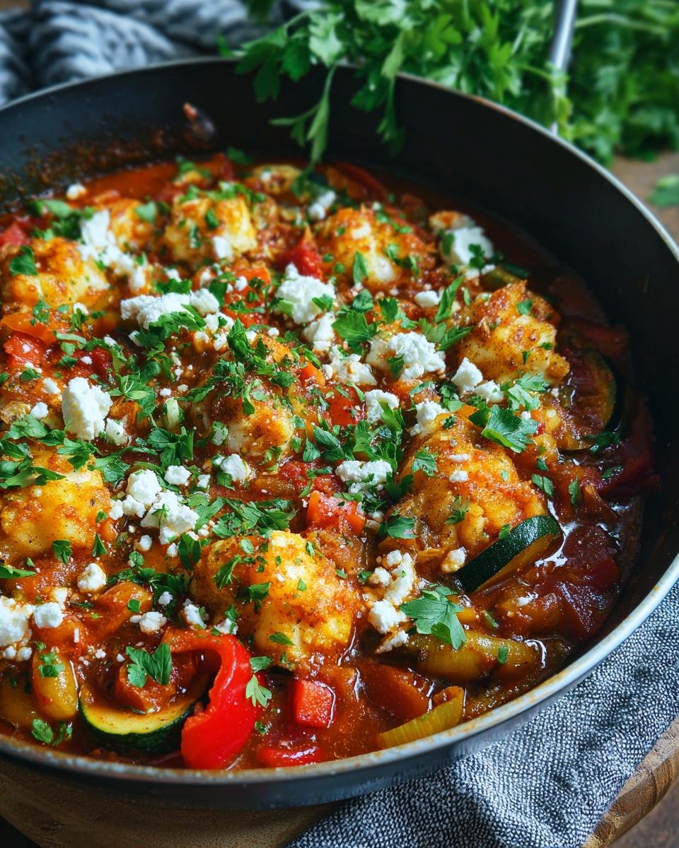 Mediterraner Fischauflauf mit Kabeljau, Paprika und Zucchini, garniert mit Feta und Petersilie in einer Pfanne.