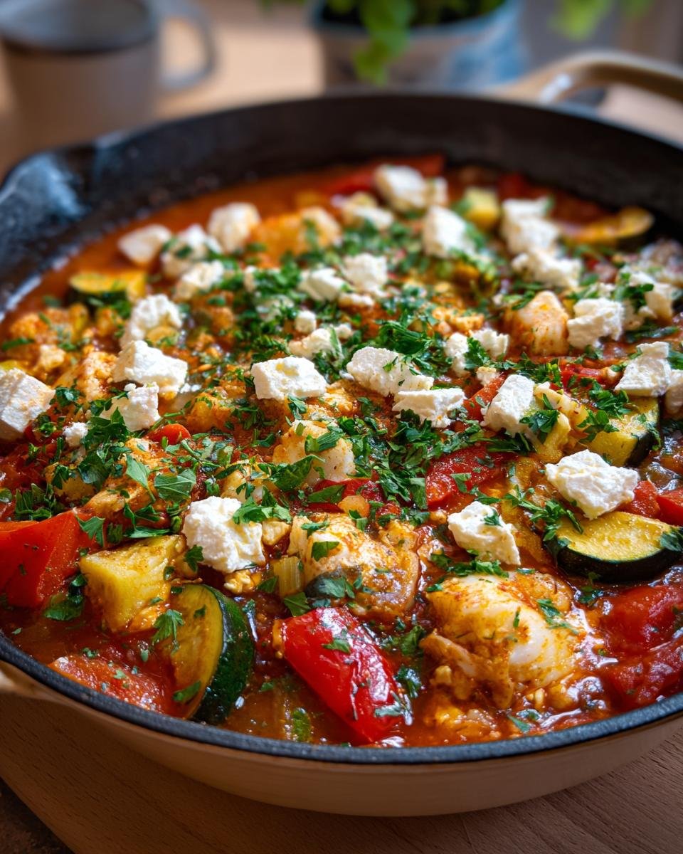 Mediterraner Fischauflauf mit Kabeljau, Paprika und Zucchini, garniert mit Feta und Petersilie.