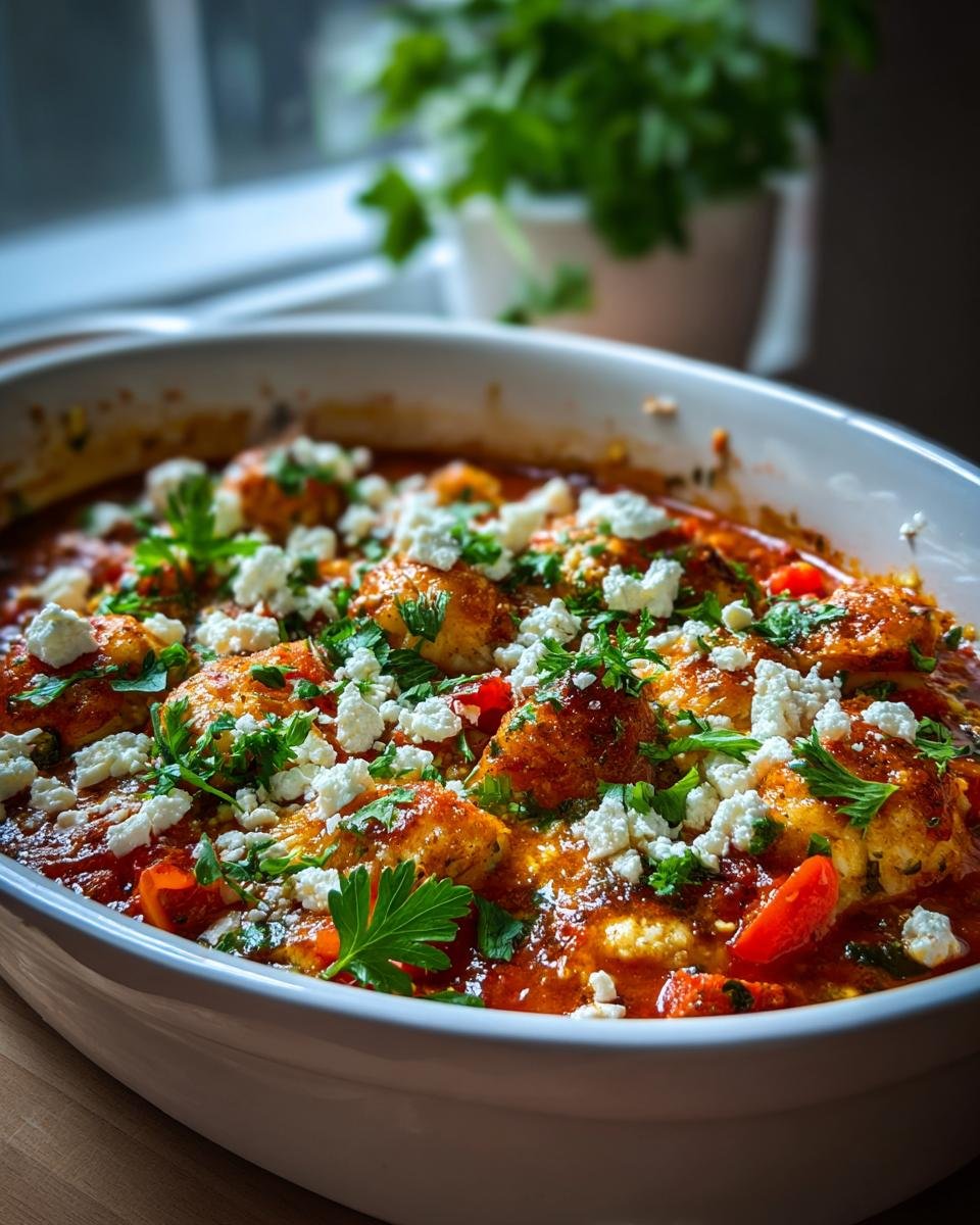 Mediterraner Fischauflauf mit Kabeljau, Paprika & Zucchini, garniert mit Feta und Petersilie.