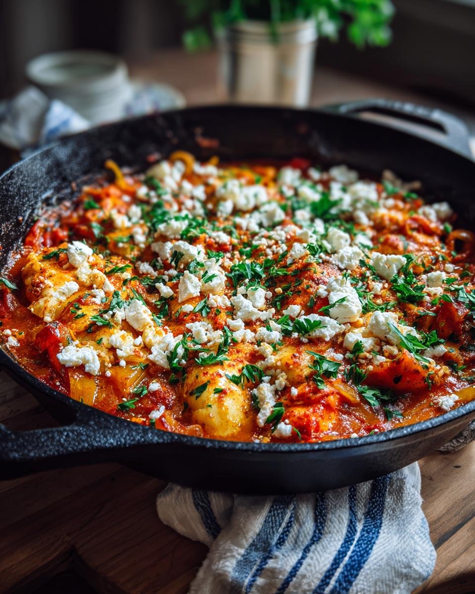 Mediterraner Fischauflauf mit Kabeljau, Paprika & Zucchini, garniert mit Feta und Petersilie in einer gusseisernen Pfanne.
