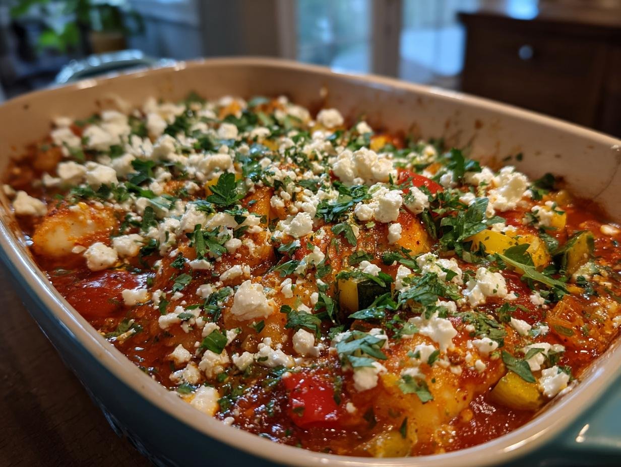 Mediterraner Fischauflauf mit Kabeljau, Paprika & Zucchini, garniert mit Feta und Petersilie.