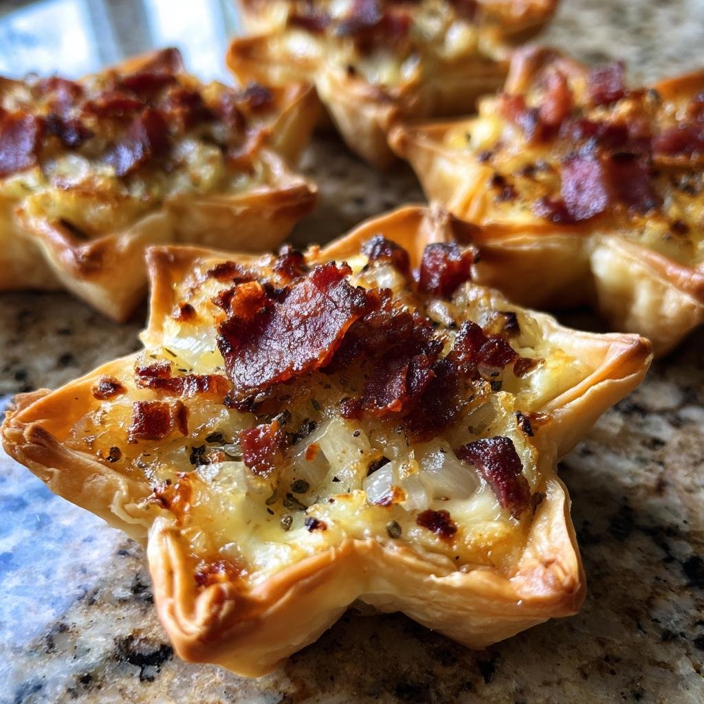 Close-up of star-shaped Mini Flammkuchen Sterne topped with cheese, onions, and crispy bacon.