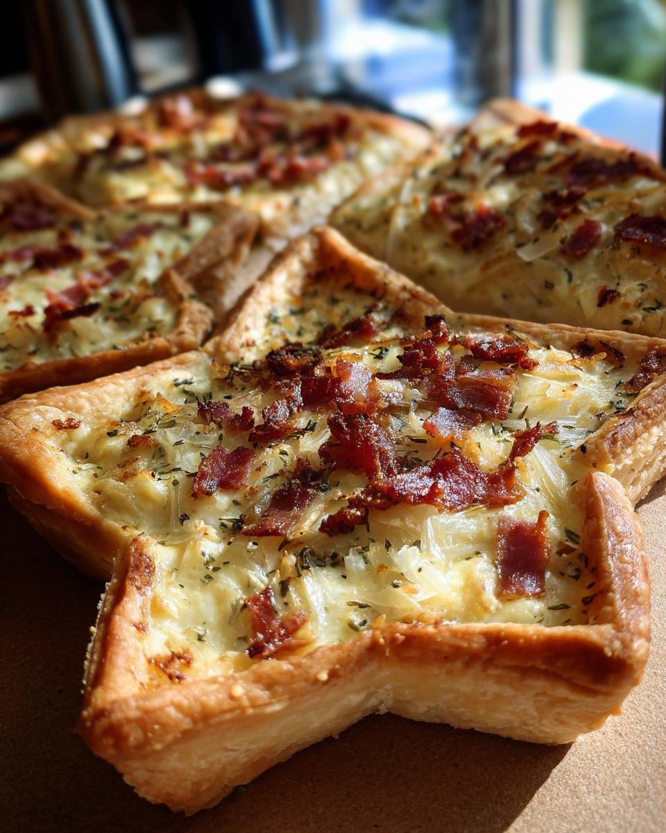Close-up of star-shaped Mini Flammkuchen Sterne topped with crispy bacon and herbs.