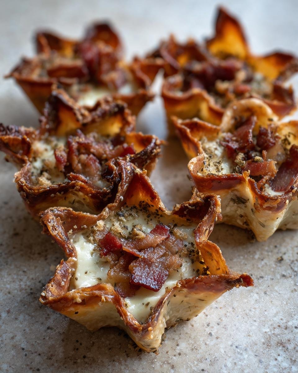 Close-up of star-shaped Mini Flammkuchen Sterne topped with melted cheese and crispy bacon.