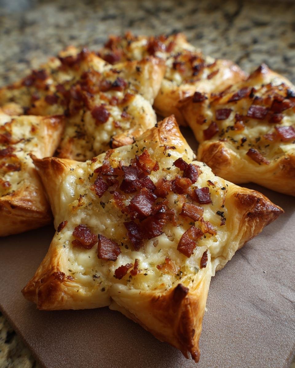 Close-up of star-shaped Mini Flammkuchen Sterne topped with melted cheese and crispy bacon bits.