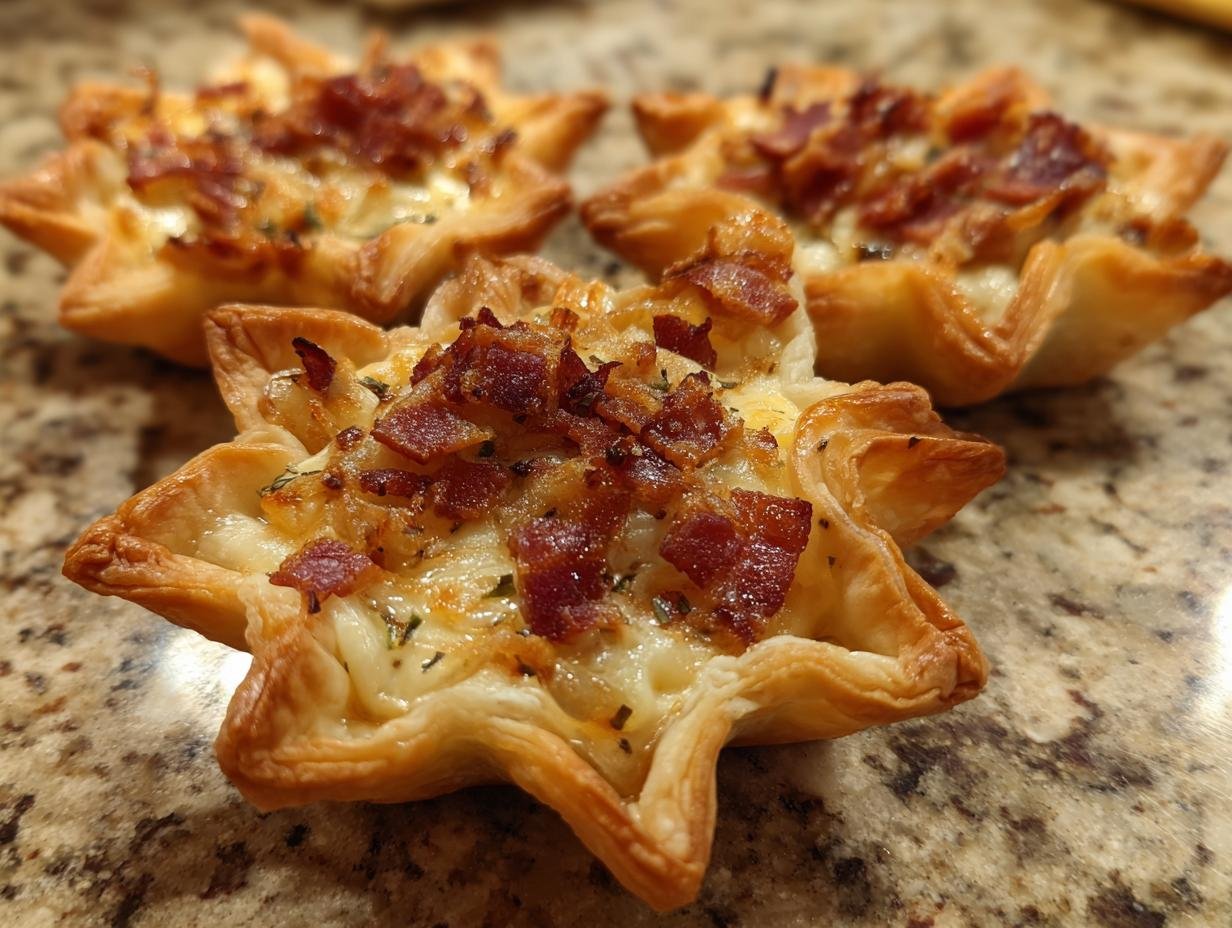 Close-up of delicious Mini Flammkuchen Sterne topped with melted cheese and crispy bacon.