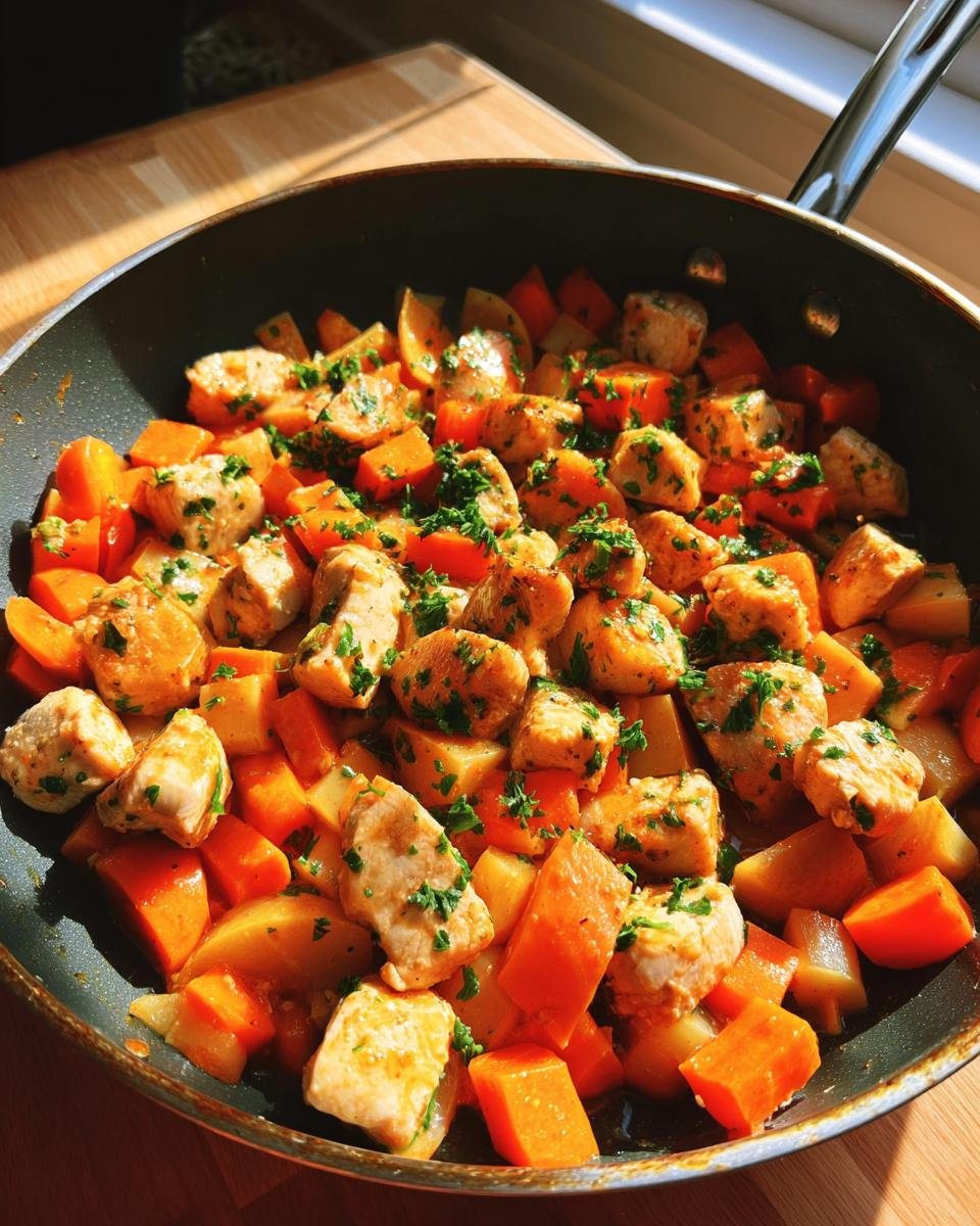 Eine Möhren-Kohlrabi-Pfanne mit Hähnchen, garniert mit Petersilie in einer Bratpfanne.