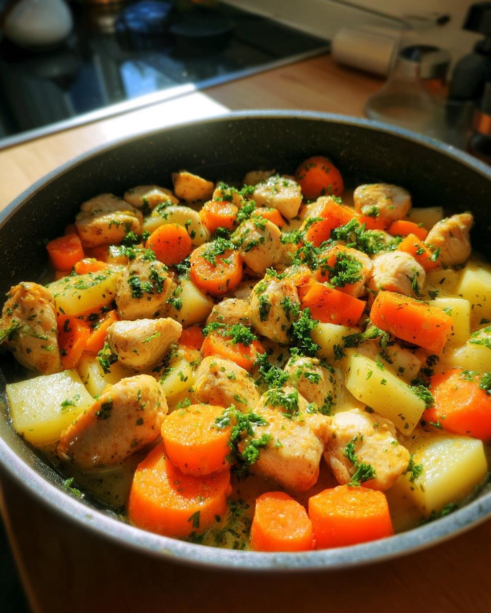 Eine Möhren-Kohlrabi-Pfanne mit Hähnchen, Kartoffeln und Petersilie in einer Pfanne.