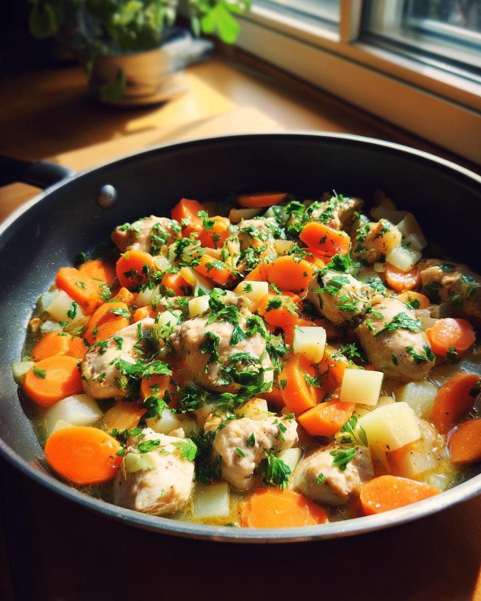 Eine Möhren-Kohlrabi-Pfanne mit Hähnchen, garniert mit frischer Petersilie, in einer Bratpfanne.