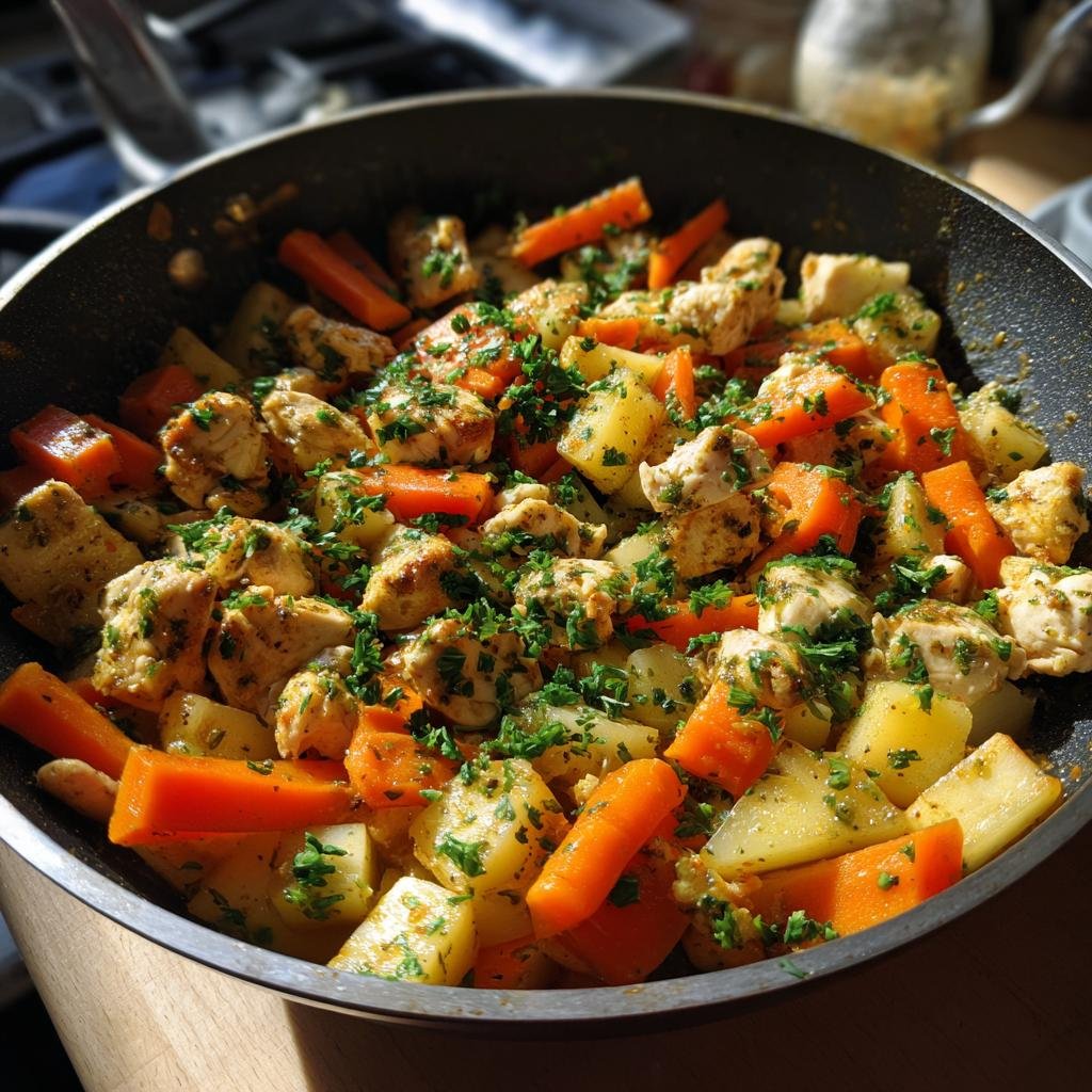 Eine Möhren-Kohlrabi-Pfanne mit Hähnchen, garniert mit frischer Petersilie, in einer Pfanne serviert.