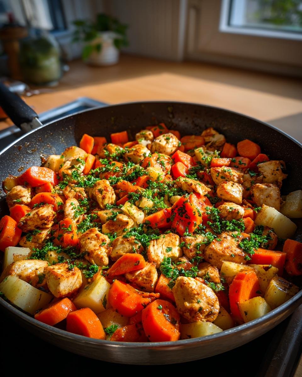 Eine Möhren-Kohlrabi-Pfanne mit Hähnchen, garniert mit frischer Petersilie, in einer Pfanne serviert.