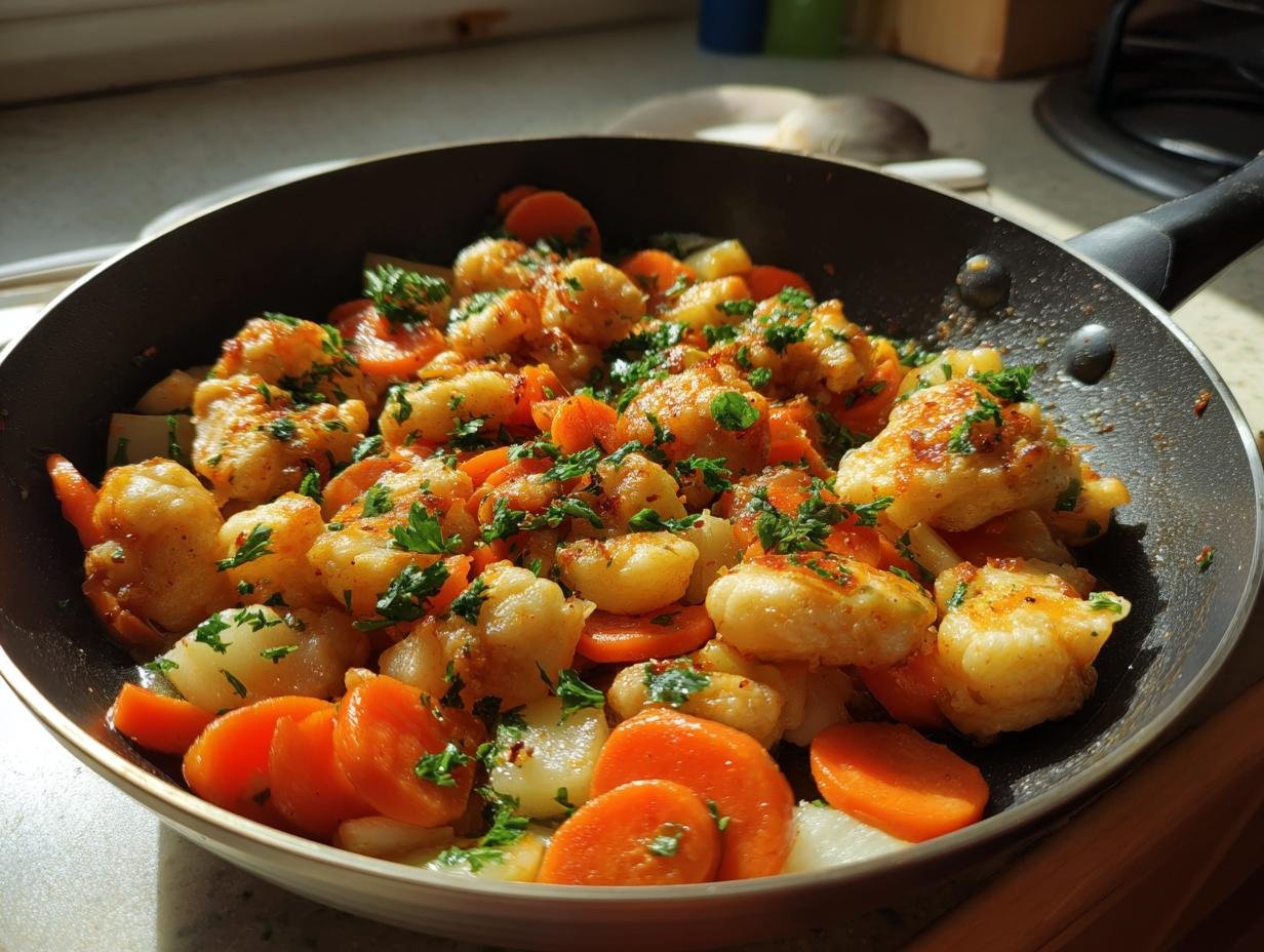 Eine Möhren-Kohlrabi-Pfanne mit Hähnchen, garniert mit Petersilie, in einer Bratpfanne.