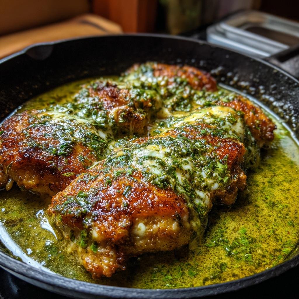 Gebratenes Mozzarella Hähnchen in cremiger Basilikum-Sahnesauce in einer Gusseisenpfanne.