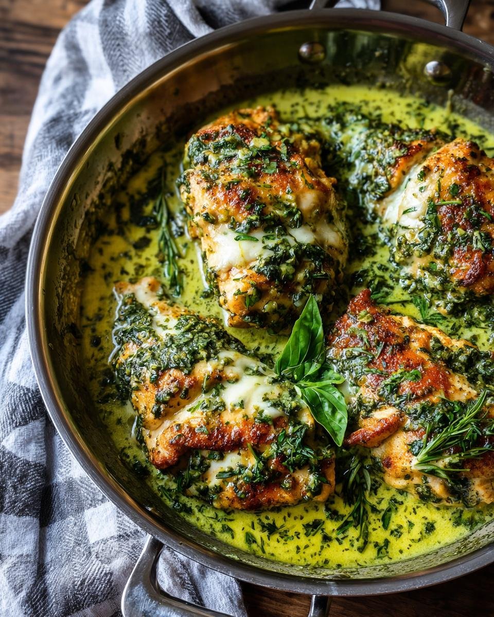 Mozzarella Hähnchen in Basilikum-Sahnesauce, saftige Hähnchenbrust mit geschmolzenem Mozzarella in cremiger Basilikumsauce.