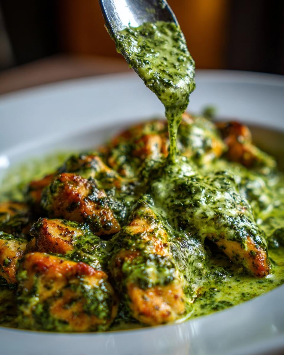 Mozzarella Hähnchen in Basilikum-Sahnesauce, serviert in einer cremigen grünen Sauce.