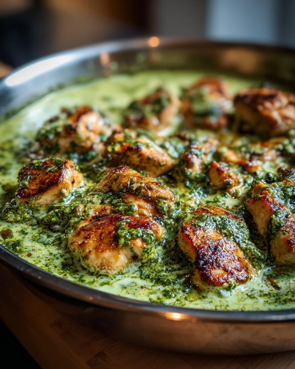 Mozzarella Hähnchen in Basilikum-Sahnesauce in einer Pfanne, goldbraun gebratenes Hähnchen in cremiger Sauce.