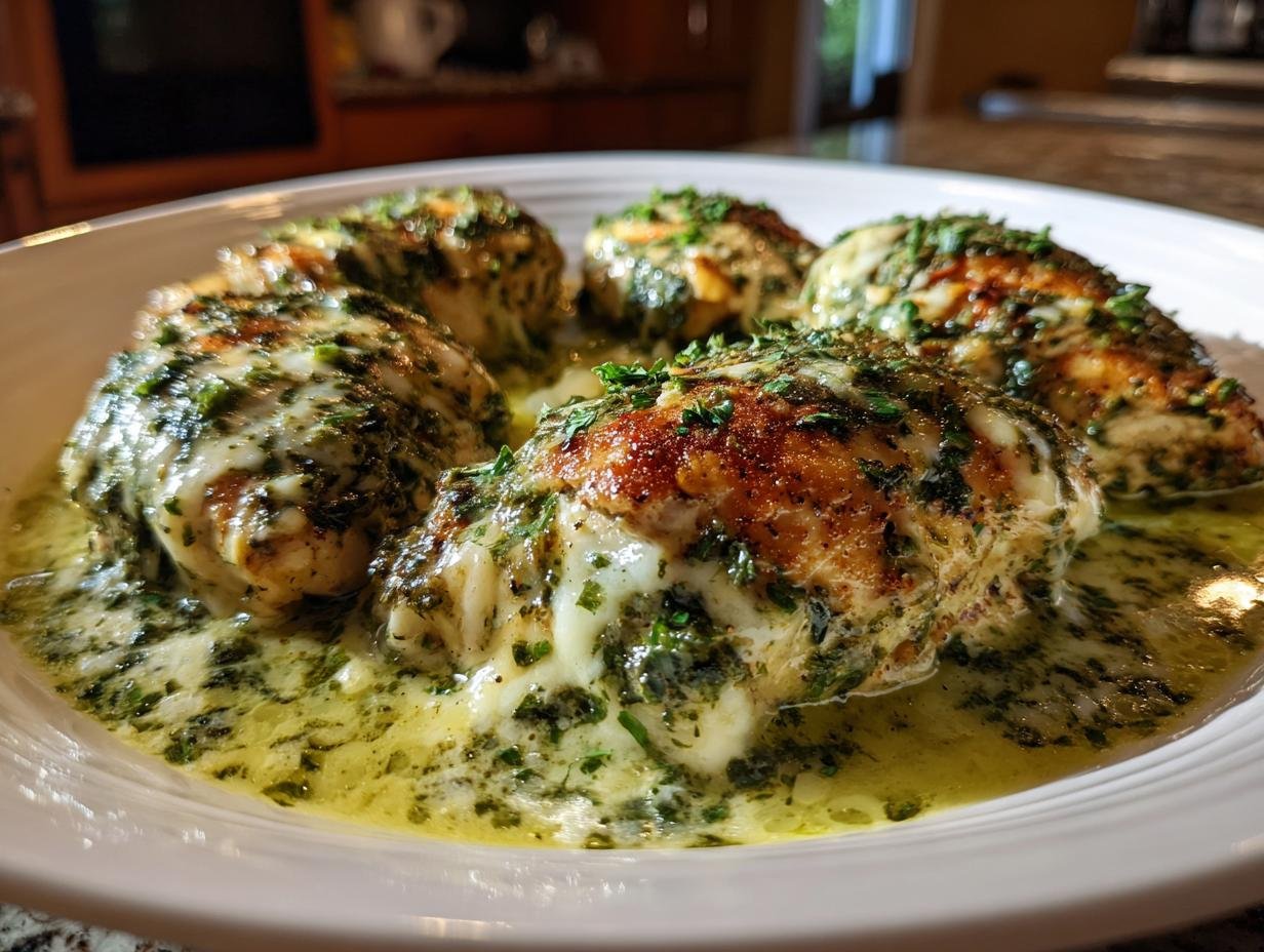 Fünf saftige Hähnchenbrustfilets in cremiger Basilikum-Sahnesauce mit geschmolzenem Mozzarella.
