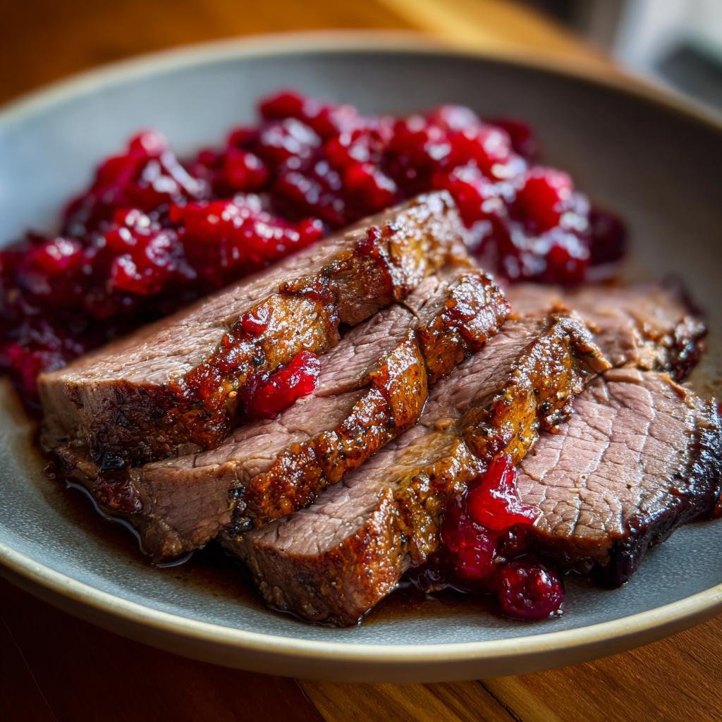 Omas Roastbeef aus dem Ofen mit Preiselbeeren, sliced and served with a side of red berries.