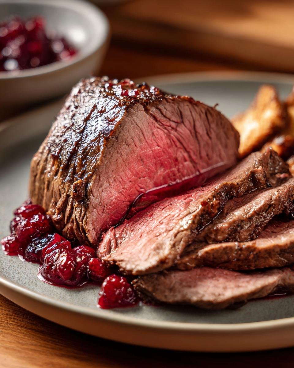 Perfekt gegartes Omas Roastbeef aus dem Ofen mit Preiselbeeren und Beilagen.