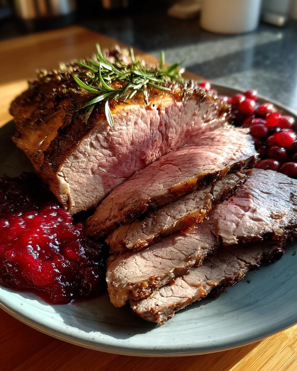 Omas Roastbeef aus dem Ofen mit Preiselbeeren, saftig und rosa gebraten, serviert mit Preiselbeeren und Rosmarin.