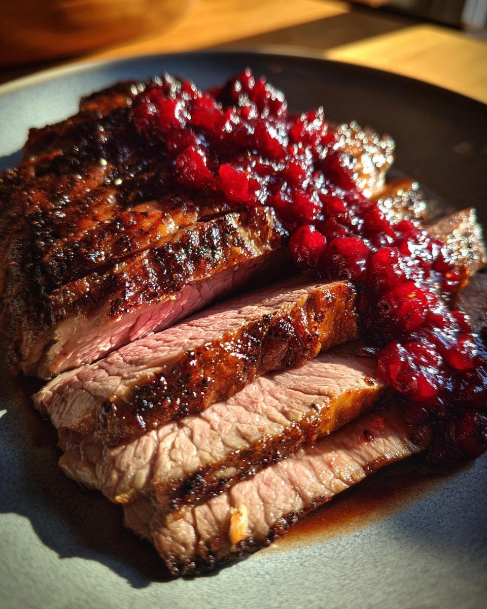 Omas Roastbeef aus dem Ofen mit Preiselbeeren, aufgeschnitten und auf einem Teller serviert.
