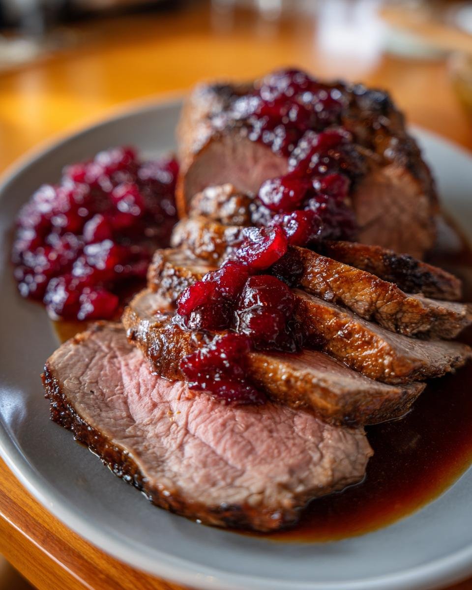Omas Roastbeef aus dem Ofen mit Preiselbeeren, saftig und in Scheiben geschnitten, mit Preiselbeersauce.