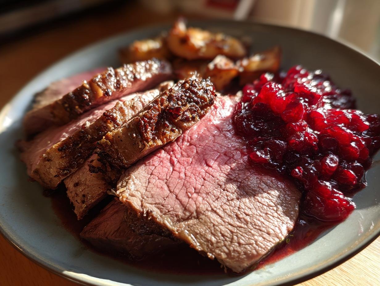 Omas Roastbeef aus dem Ofen mit Preiselbeeren, saftig und rosa gebraten, serviert mit Preiselbeeren und Bratkartoffeln.