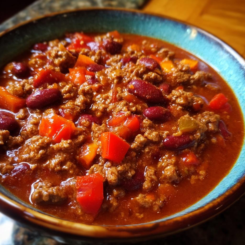 A close-up of a hearty bowl of Original Chili con Carne, featuring ground beef, kidney beans, and diced tomatoes.