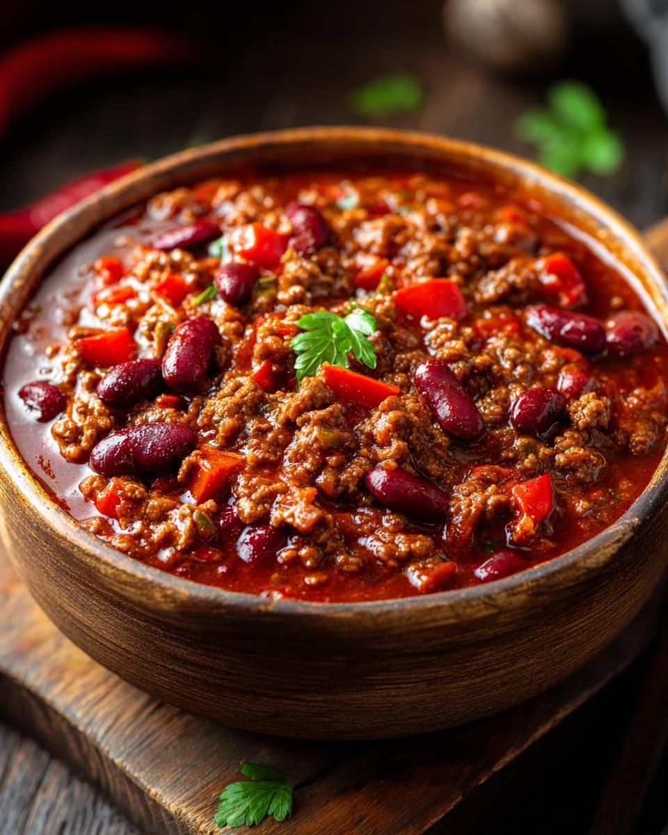 A rustic wooden bowl filled with hearty Original Chili con Carne, featuring ground meat, kidney beans, and red peppers.