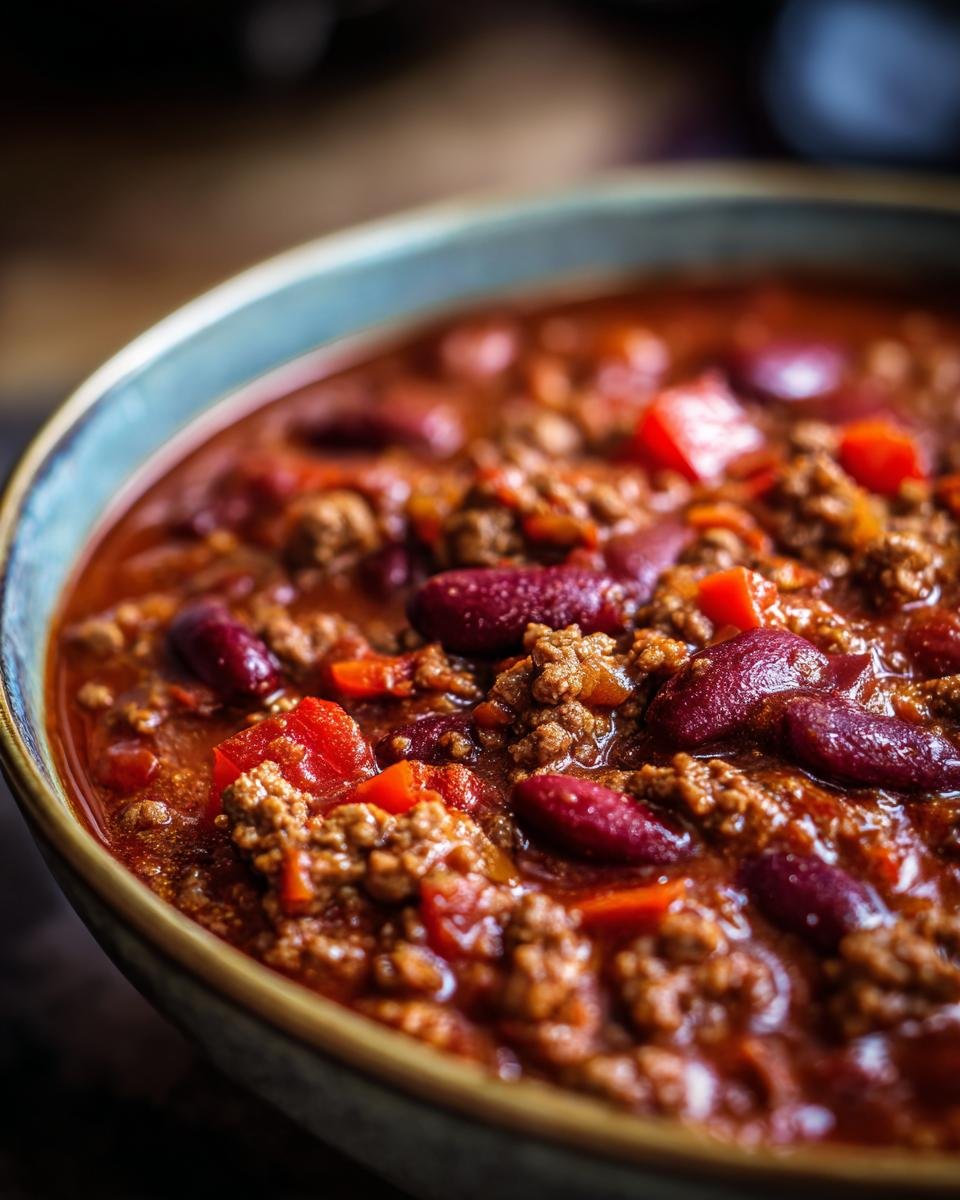 A close-up of a rustic bowl filled with Original Chili con Carne, showing ground beef, kidney beans, and tomatoes.