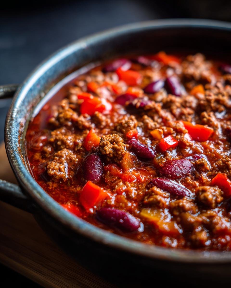 Close-up of a hearty bowl of Original Chili con Carne with ground beef, kidney beans, and red peppers.